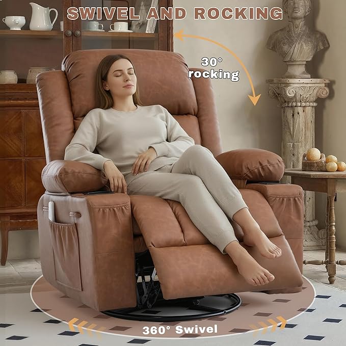 Rocker Recliner Chair with Heat and Massage360°Swivel Recliner Chair for Adults ElderlyOversized Recliner Single Sofa Seat with 2 Cup Holders and Side Pocket (Brown)