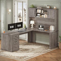 SEDETA Farmhouse L Shaped Desk with Hutch and 3 Drawers 68.9 Executive Office Desk with File Drawer and Power Outlet Corner Computer Desk with Storage Shelves for Home Office (Grey)