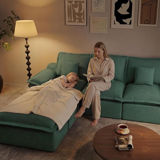 Modular Sectional Sofa 107'' Boneless Couches for Living Room 5-Seat Sofa with 2 Ottomans Cloud U Shaped Couch No Assembly Required Chenille Green