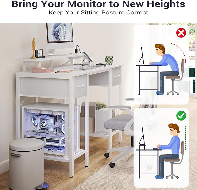 White Computer Desk with Drawers 42 Inch Home Office Desk Study Writing Table Gaming Desk with USB Power Outlets Office Desk with Fabric Drawer Work Table with Shelf for Bedroom White
