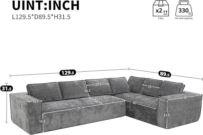 129.5 Minimalist Style Modular Sectional Sofa 6 Seat Wrinkle-Resistant Chenille Couch Set 2 PC Free Combination Modern L-Shaped Cloud Sofa Set for Living Room (Gray-ER11)