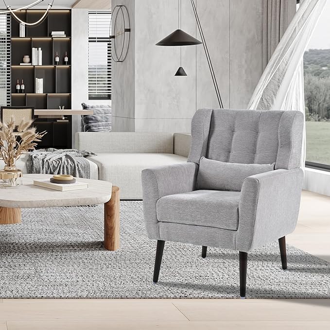 Modern Accent Chair Upholstered Armchair with Pillow Fabric Single Sofa Chair with Lounge Seat Solid Wood Legs Accent Chair for Living Room Bedroom Small Spaces (Grey)