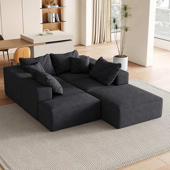 Modular Sectional Couches for Living Room Oversized L Shaped Sleeper Sofa Bed with Ottoman Chenille No Assembly Required (Minimalist Black)