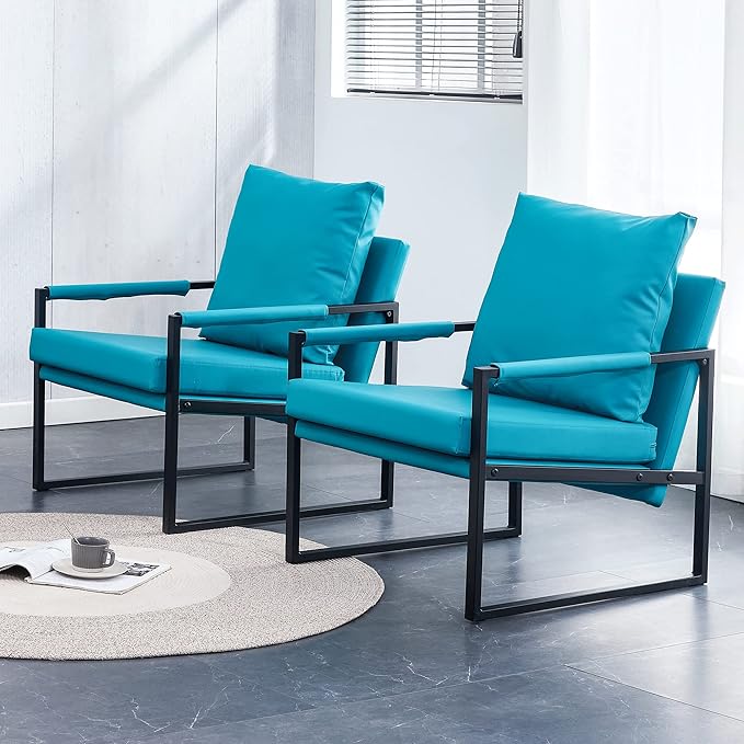 Sofa PU Leather Accent Arm Chair Mid Century Modern Upholstered Armchair with Metal Frame Extra-Thick Padded Backrest and Seat Cushion Sofa Chairs for Living Room (Cyan PU Leather + Metal + Foam)
