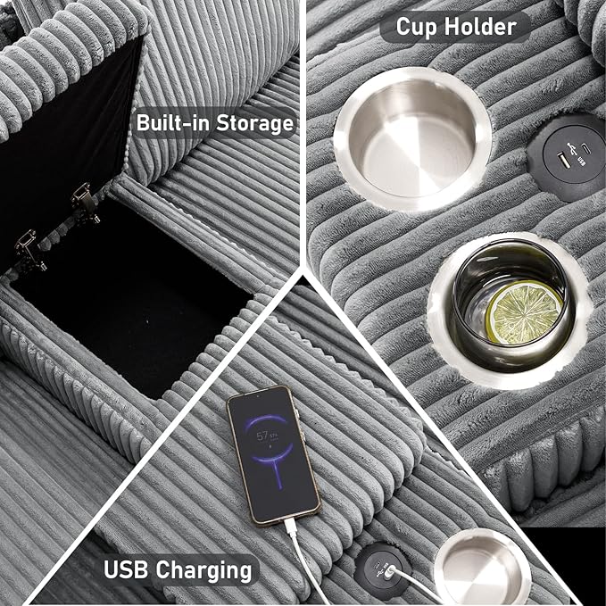 133 Oversized U Shaped Cloud Couch Modular Sectional Couches for Living Room Comfy Corduroy Deep Seat Sofa Set with Double Chaise Lounge Storage Central Console Cup Holders USB Port Dark Grey