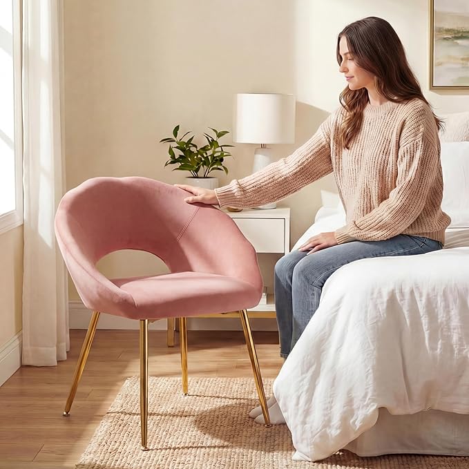 Modern Vanity Chair Living Room Chair with Gold Metal LegsVelvet Dining Chair Comfy Accent Chair for Makeup Room Waiting Room Dressing Room Bedroom Dining Room Home Office(Pink 1PCS)