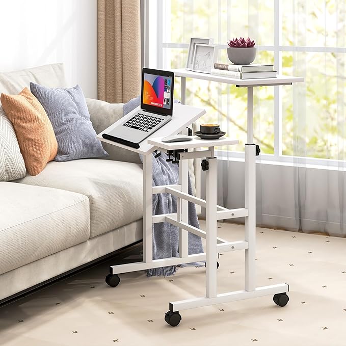 Giantex Mobile Standing Desk Height Adjustable Stand Up Table with Wheels &amp Tilting Tabletop Rolling Laptop Cart Computer Workstation for Standing or Sitting Home Office Sit Stand Desk (White)