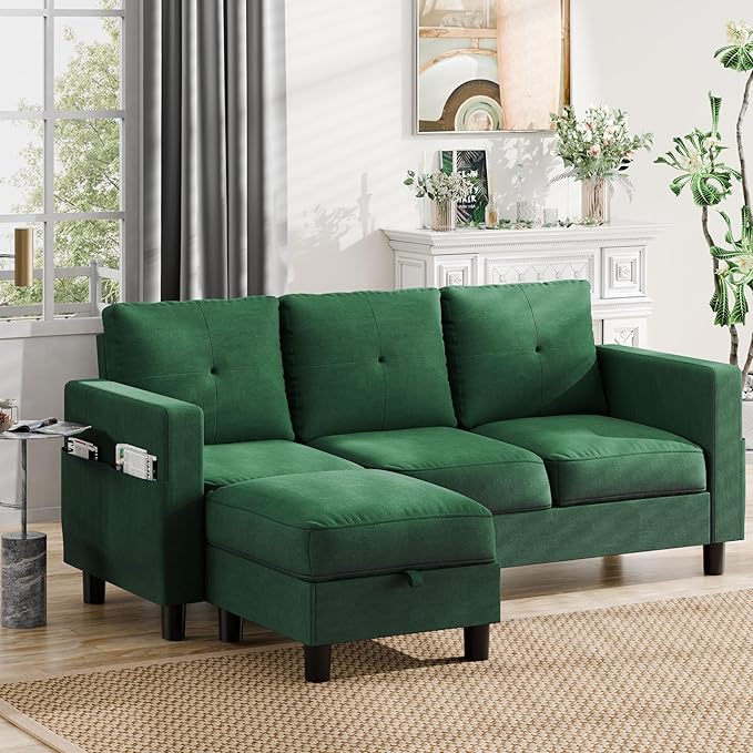 Nuturelly Sectional Sofa Couch Convertible L Shaped Sofas with Storage Ottoman Small Sectional Couches for Living Room 3 Seater Couch with Linen Fabric for Small Spaces Green