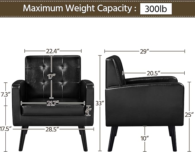 Topeakmart Mid Century Accent Chair Modern and Cozy PU Leather Barrel Sofa Chair with Thick Cushion and Sturdy Wood Legs for Living Room/Bed Room/Office Waiting Area Black