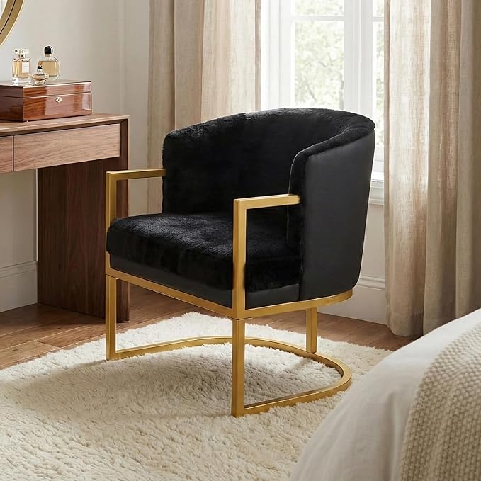 Modern Accent Chair with Gold Metal Frame Cozy Armchair Upholstered Reading Chair with Ergonomic Curved Backrest for Living Room Office (Black-36)