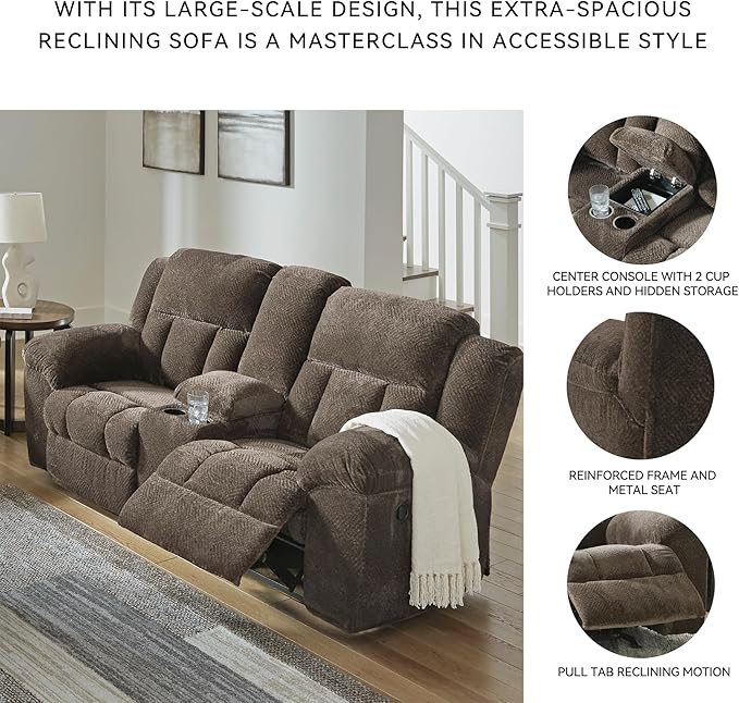Signature Design by Ashley Frohn Modern Manual Double Reclining Loveseat with Console Storage and Cup Holders Dark Brown