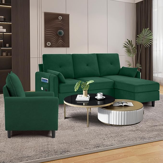 Convertible Sectional Sofa 77 Small L Shaped 3 Seat Couch with Reversible Storage Chaise and Accent Chair Set Modern Polyester Fabric Sofa Couches for Living Room Apartment Green