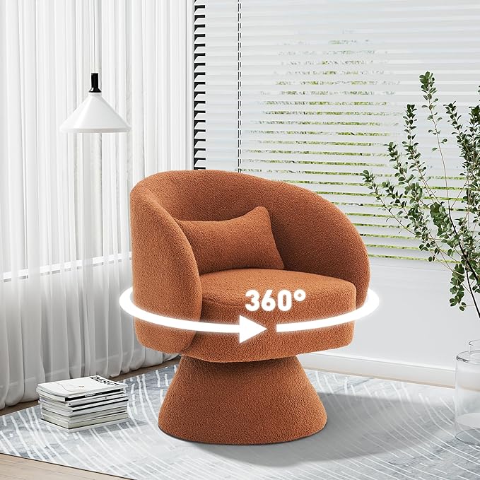 Swivel Barrel Chair Set of 2 Upholstered Swivel Cuddle Accent Chairs for Living Room Comfy 360°Small Round Boucle Sherpa Barrel Armchair for Bedroom Nursery (CaramelTeddy)
