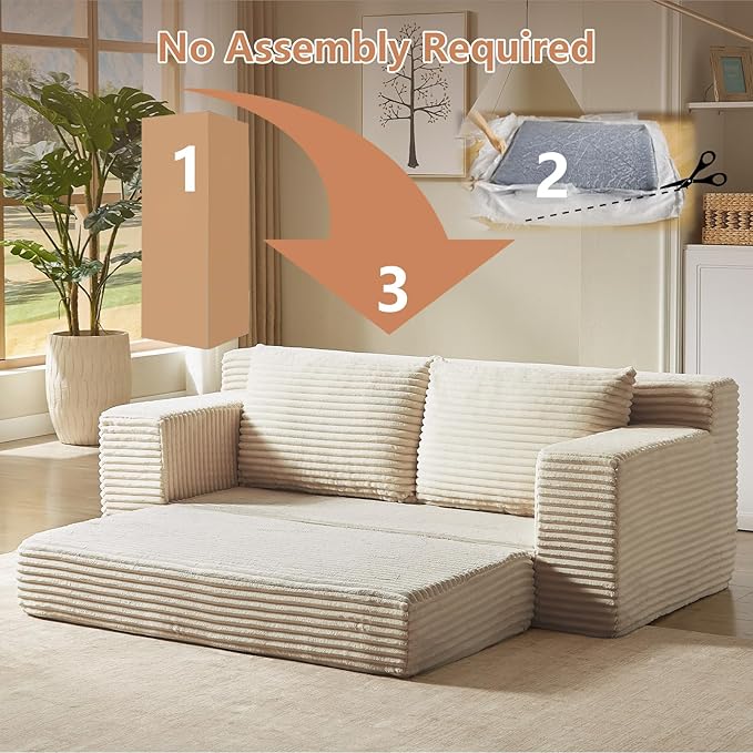 2-in-1 Loveseat Sofa with Pull-Out Bed 70.87 Sleeper Sofa with Comfy Cushions Corduroy Upholstered 2-Seater Cloud Sofa for Living Room Apartment and Small Spaces No Assembly Required (Beige)