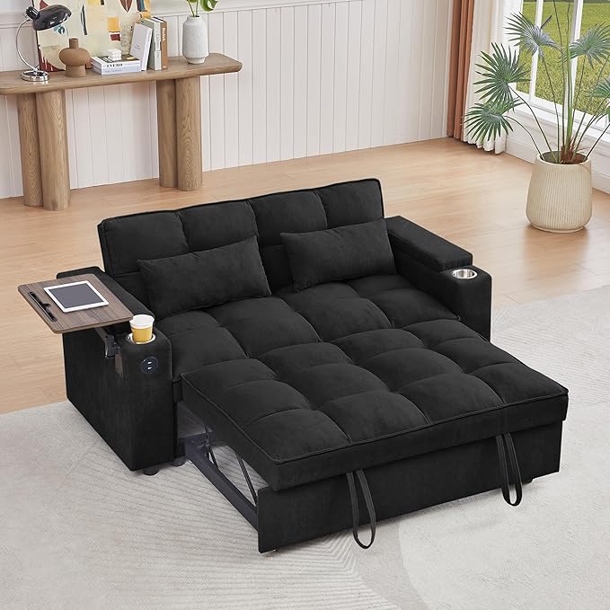 66 Multi-Functional Pull-Out Sofa Bed with Hidden Side Table Storage Armrests Built-in Charging Port Spring Mattress Solid Wood Frame – Ideal for Small Spaces Easy Assembly
