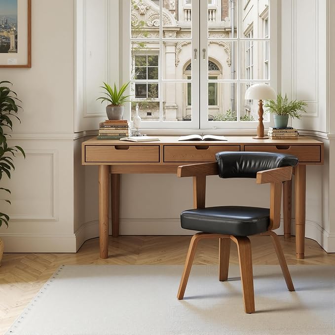 Art Leon Home Office Desk Chair - Mid Century Modern Chair Faux Leather Office Chair No Wheels Comfy Accent Arm Chair with Wood Legs for Small Spaces Living Room Bedroom Study Black/Walnut