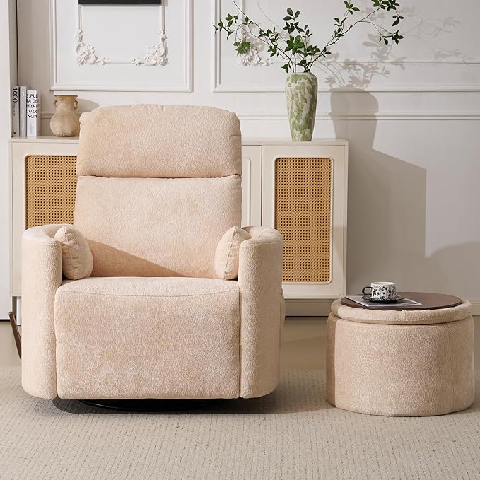 Oversized Swivel Rocker Recliner Chair with Massage and Heat Manual Swivel Glider Rocker Recliner with 2 Bolster Pillows Rocking Nursery Chair with Storage Ottoman  Adjustable Headrest Beige