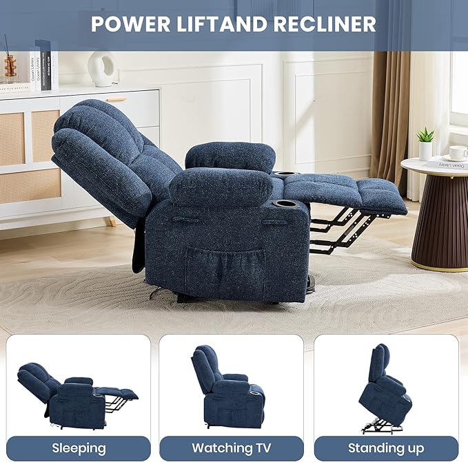 Oversized Power Lift Recliner Chair for Elderly 135° Lay Flat Electric Recliner with Massage &amp Heat Stand Assist Lift Chair with 2 Cup Holders for Living RoomBlue