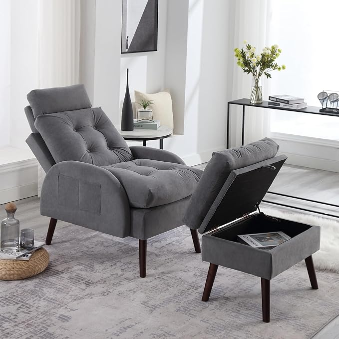 Chair with Ottoman SetAccent Chair with Ottoman Storage and Adjustable BackrestComfy Reading Lazy Lounge Chair and Ottoman with Side Pocket for Living RoomBedroomVelvet Dark Grey