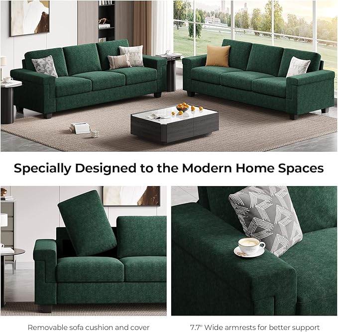 3 Seater Sofa Couch with Deep Seat 90 Modern Upholstered Sofa with Armrests Easy Installation Comfy Couches for Living Room Apartment Green