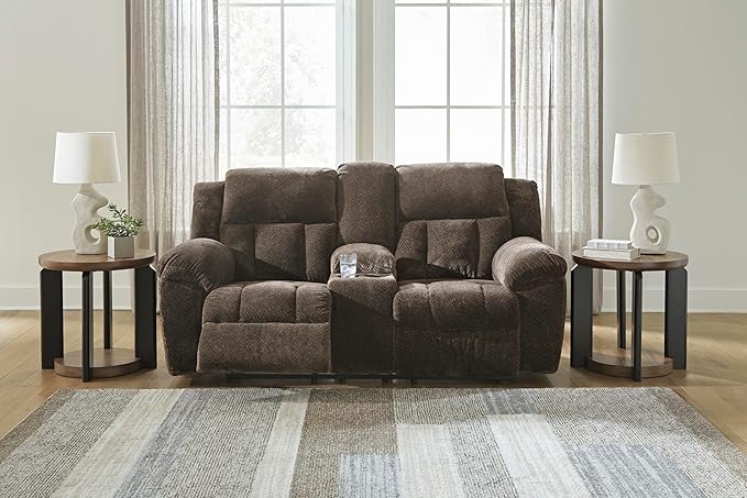Signature Design by Ashley Frohn Modern Manual Double Reclining Loveseat with Console Storage and Cup Holders Dark Brown