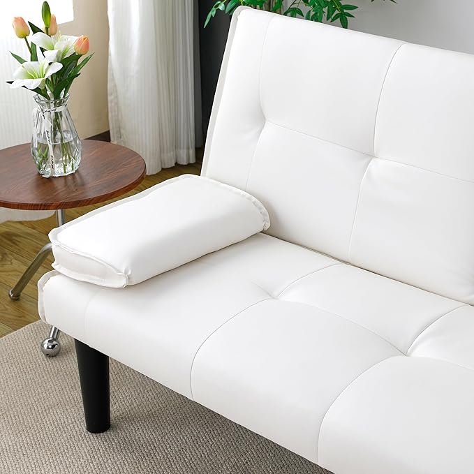 KEIKI 67 Convertible Sofa Bed with Cup Holder 3 in 1 Futon Sleeper Sofa Chair PVC Upholstered Sofa for Living Room or Office White