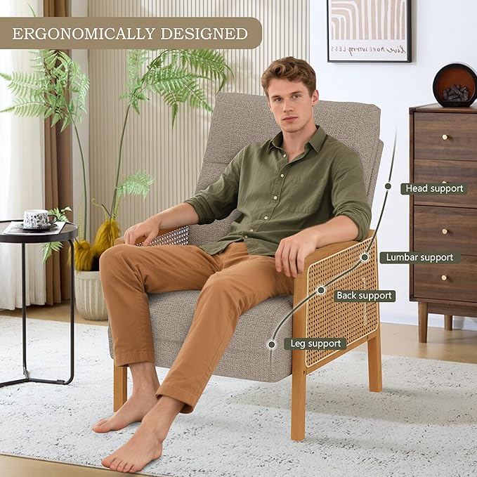 Mid Century Accent Chair Set of 2 Wooden Leisure Armchair with Rattan Armrest Boho Comfy Reading Chair for Living Room Bedroom Lounge Side Club Chair