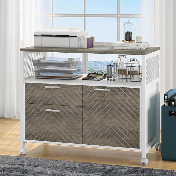Tribesigns Modern File Cabinet with Drawers for Letter-Sized File and Door Lockable lateral Filing Cabinet Printer Stand with Storage Shelves and with Rolling Caster for Home Office (Oak)