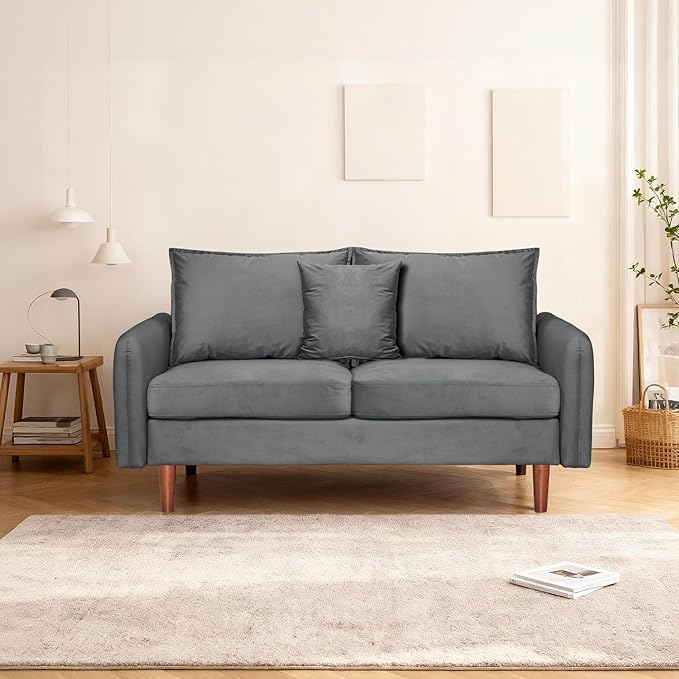 56.1 Round Arm Velvet Loveseat with Side Pockets and a Square Pillow (Grey) | Side Storage Pockets Pillow Included
