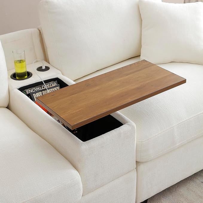 Oversized L-Shaped Modular Sectional Sofa with Storage Armrest Reversible Couch with Movable Ottoman USB Ports Cup Holders 360°Swivel Tray Comfy Cloud Cushions for Living Room or Apartment Beige