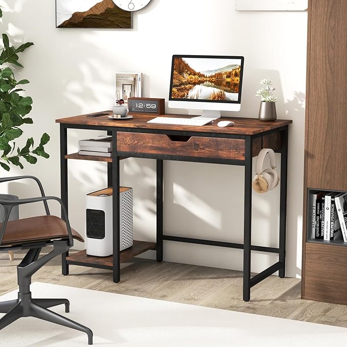 Giantex Computer Desk with Drawers and Power Outlets Industrial Gaming Desk Computer Workstation with Adjustable Storage Shelf Headphone Hooks Study Writing Work Desk for Home Office