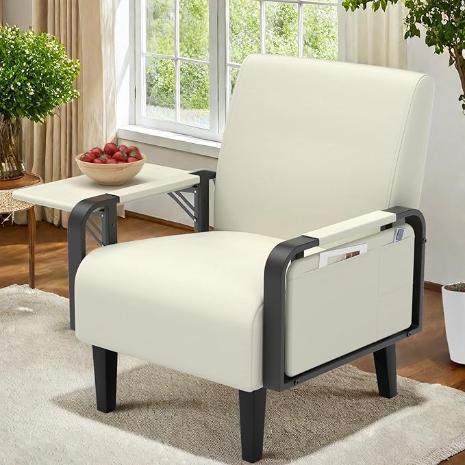 Faux Leather Accent Chair Modern Upholstered Armchair with Tray Table Comfy Reading Chair for Living Room Bedroom Guest Room Beige