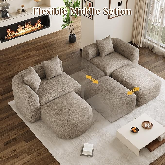 120 Curved Sectional Sofa Brown Cloud Couch Boneless Modular Sectional Couch for Living Room Oversized L Shaped Curved Couches Comfy Modern Sofa Plush Chenille with Ottoman Brown
