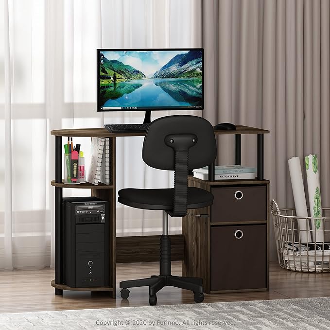 Furinno JAYA Desk 38.4 Wide Gaming Desk with Bin Drawers Computer Desk with Side Shelf Office Desk for Study Home Office Bedroom Dorm Study Room Columbia Walnut
