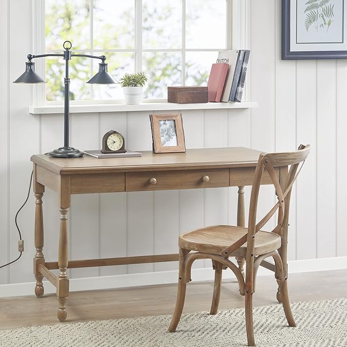 Martha Stewart Tabitha Solid Wood Writing Table with Metal Glides Drawer for Storage Living Room Furniture Home Office Small Computer Desk Turned Legs 47.5 W x 23 D x 29 H Natural