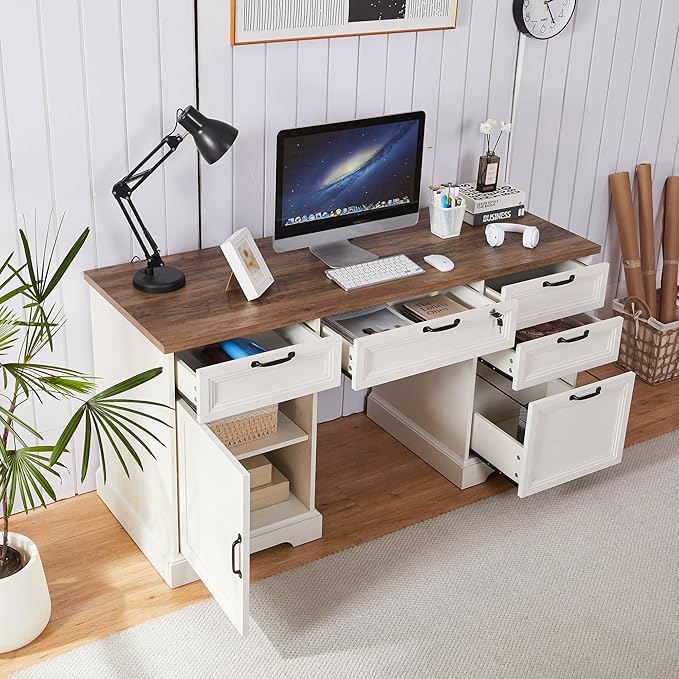 60 Farmhouse Executive Desk with LockHome Office Desk with Charging StationExecutive Desk with 4 Drawers &amp 1 Cabinet&amp1 File Cabinet for Office and Home