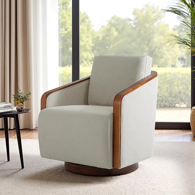 Swivel Barrel Accent Chair Mid Century Modern Arm Chair for Living Room Bedroom Comfy Club Reading Lounge Sofa Corner Chairs for Adults(Chenille Beige Brown Set of 1)