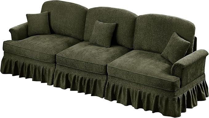 107.1 3-Seater Modular Sectional Sofa Cloud Couch with Deep Seat Removable Pleated Skirt Chenille Sofa for Living Room Office (Green)