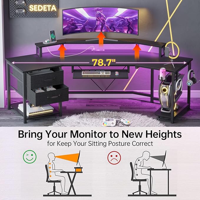 SEDETA 79 Gaming Desk Computer Desk with 2 Fabric Drawers &amp LED Light L Shaped Gaming Desk with Storage Shelf for Home Office Carbon Fiber Black