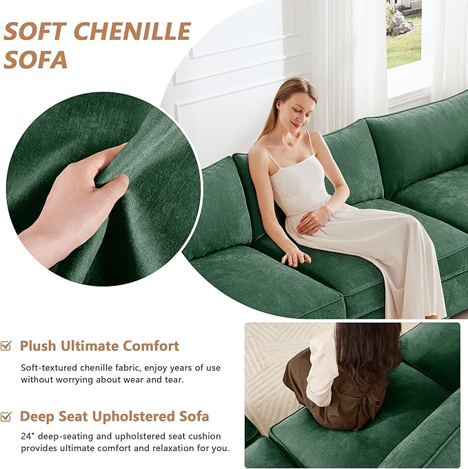 Modular Sectional Sofa with Pull Out Storage Drawers 146.4 L-Shaped Comfy Chenille 4-Seat Sofa with Storage Ottoman Upholstered Deep Seat Couch with 2 Armrest Pillows for Living Room Green