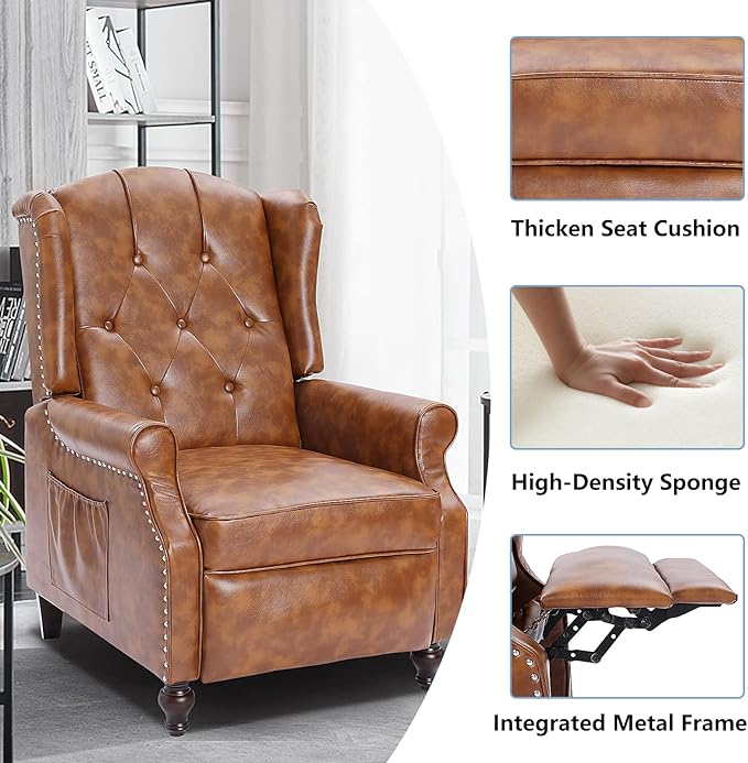 Wingback Recliner Chair with Heat and Massage PU Leather Push Back Recliner Chair for Living Room Vintage Wingback Recliner with Remote ControlPadded CushionBackrestWooden Legs