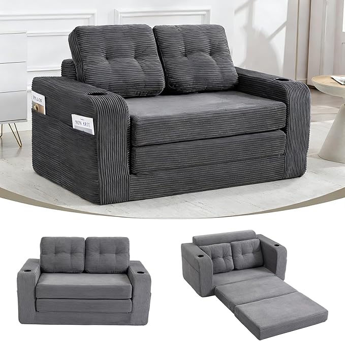 54 Convertible Sofa Bed 2-in-1 Boneless Folding Couch Bed with Cup Holder &amp Pocket Corduroy Fold Out Floor Couch with Pillows for Living Room Bedroom Small Spaces (Grey)