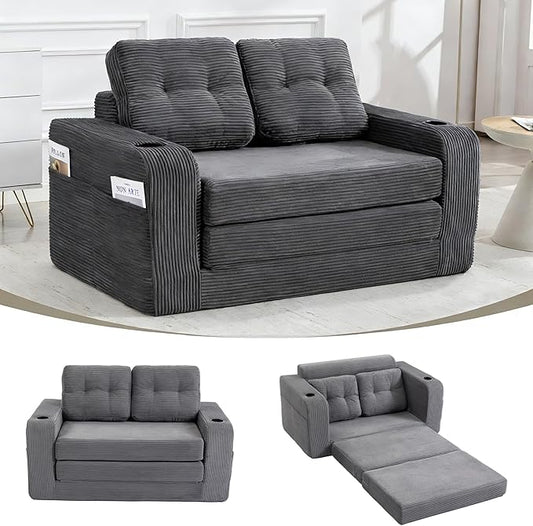 54 Convertible Sofa Bed 2-in-1 Boneless Folding Couch Bed with Cup Holder &amp Pocket Corduroy Fold Out Floor Couch with Pillows for Living Room Bedroom Small Spaces (Grey)