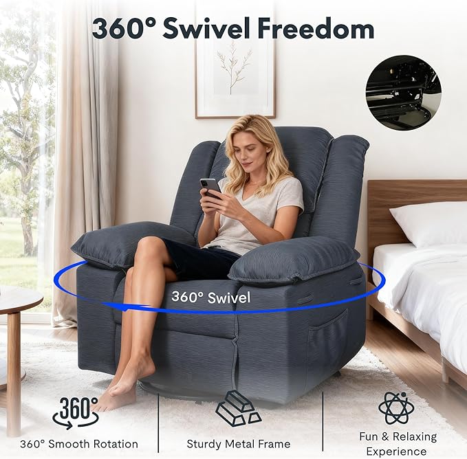 Softa Swivel Rocker Recliner Chair for Adults with Massage &amp Heat 360° Swivel Manual Glider Recliner with Side Pocket Compact Living Room Apartment Reclining Chair (Blue-Grey)