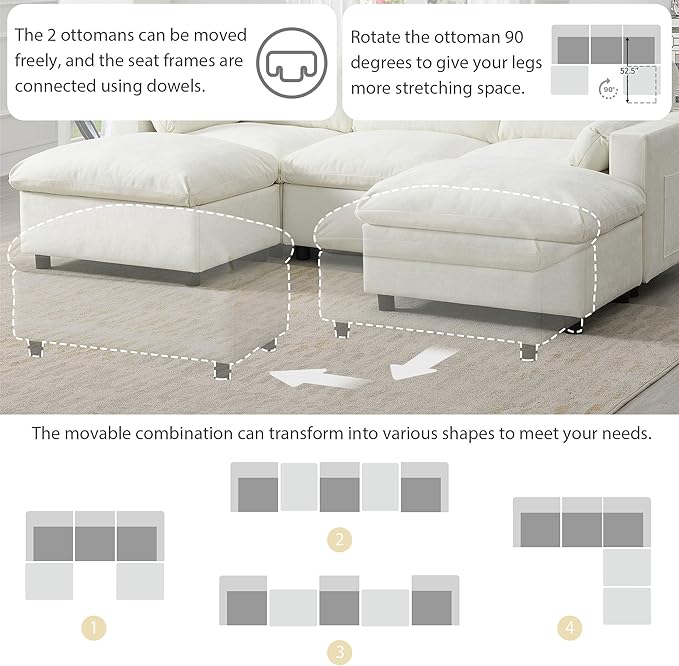 Merax 86.5 Sectional Sofa with Storage &amp Ottomans-Cream 5-Seater Sleeper Cloud Couch Space Saving Convertible L/U Shaped Sofa Set Chenille Upholstered Couches Bed for Living Room &amp Apartmen
