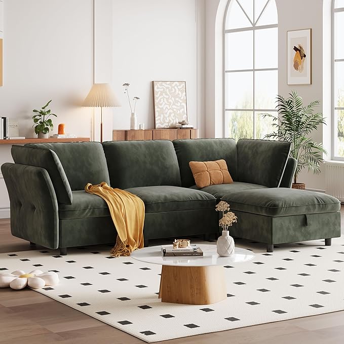 97 Modular L-Shaped Sectional Cloud Couch with Storage Ottoman - Velvet Deep Seating Sofa Set with Pillows Convertible 3-Seater for Living Room Apartment Office (Green)