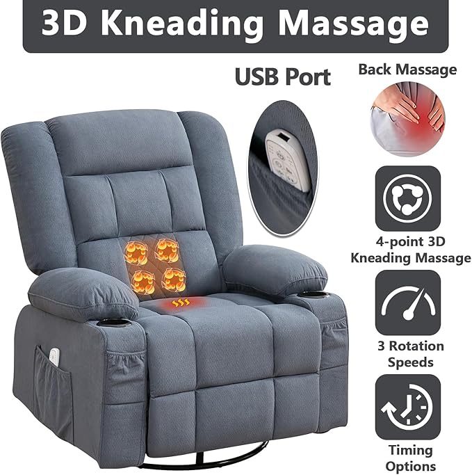 Oversized Recliner Chairs for AdultsSwivel Rocking Chair Recliner with Wide Arms&amp Backrest Fabric Reclining Chair with Pockets Lazy Boy Recliners for Living Room Bedroom (Regular Blue)