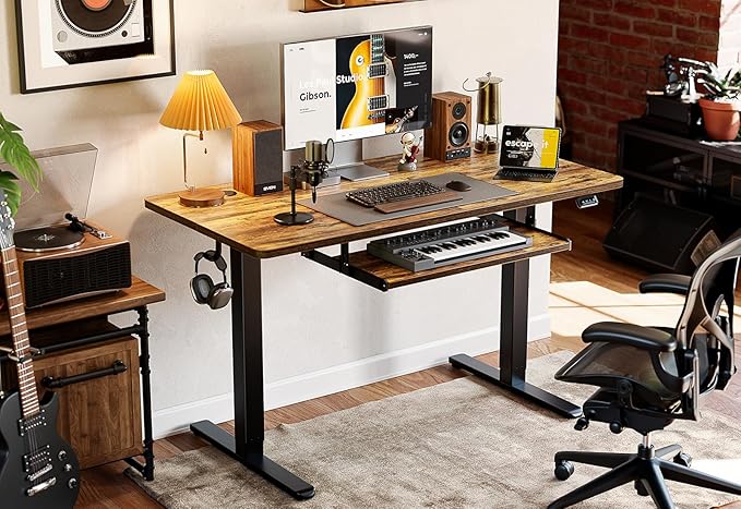 BANTI 48 x 24 Height Adjustable Electric Standing Desk with Keyboard Tray Sit Stand up Desk with Splice Board Black Frame/Rustic Brown Top