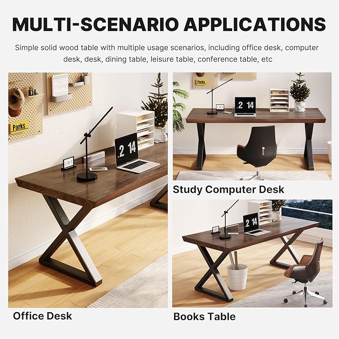 Solid Wood Desk 47 InchHome Office DeskOffice Furniture Butcher Block Studio Desk Rustic Brown Desk Heavy Duty Business Desk（Table Thickness:1.96 inches）