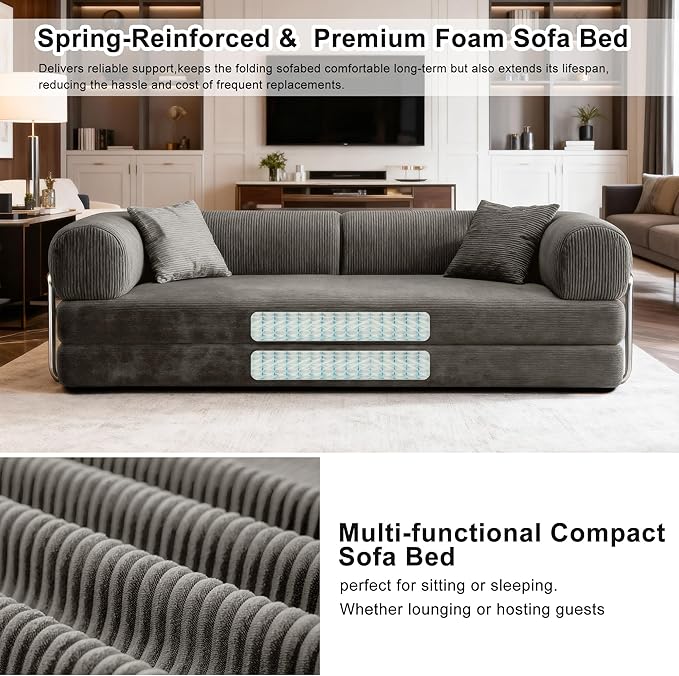 78Inch Compression Sofa 4-in-1 Convertible Floor Sleeper Sofa Bed Folding Sofa Couch with Pillow Support Armrest Cloud Corduroy Foldable Mattress for Living Room Bedroom